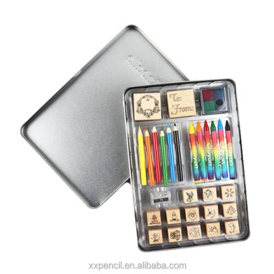 China 100% free shipping eco-friendly Tin Box Art Supplies Painting set Colored Pencils Art Sets with wooden stamps for sale