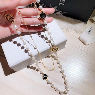 China Fashion New Trendy Fashion Designer Long Chains Necklaces Pearl Flower Two Layer Coat Body Sweater Chains Necklace Jewelry Women N00398 for sale