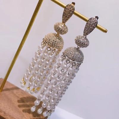 China CLASSIC Women's Long Lantern Personality Full Diamond Tassel Pearl Earrings Soft Accessories Chain Earrings for sale