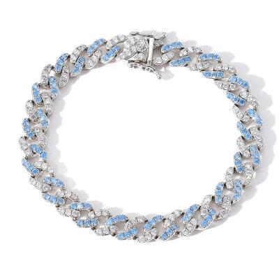 China Fashion Hiphop Hiphop Single Row 9mm Blue and White Micro Inlaid Zircon Cuban Chain Bracelet for Men and Women for sale