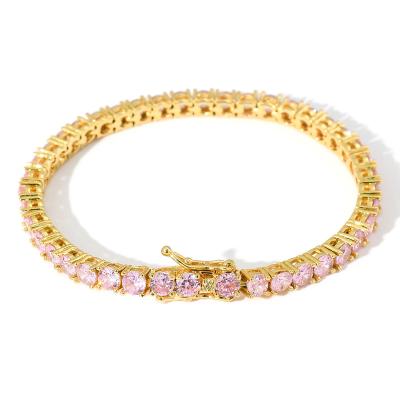 China Simple high quality hip-hop jewelry copper inlaid pink men and women 4mm row Zircon bracelet fashion brand Hiphop jewelry for sale