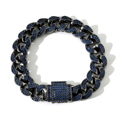 China Hiphop Personalized Men's Wear Popular Accessories Black Gold Zircon Hip Hop Buckle Blue Cuban Chain Bracelet Necklace for sale