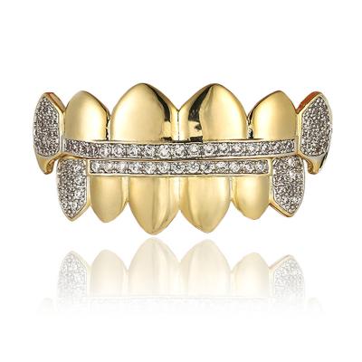 China Hiphop 18K fashion plating new European and American zircon hip hop fangs gold teeth set decorative jewelry for sale