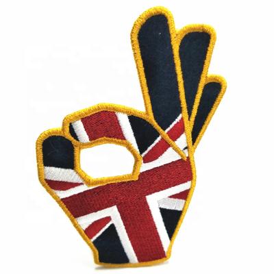 China Custom Embroidered Twill Viable Fabric Flag Patches, Victory Gesture Logo Iron On Embroidery Patches for sale