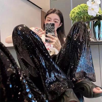 China Anti-wrinkle Fashion Sequins Wide Leg Elastic Waist Drawstring Straight Pants Party Clubwear Causal Trousers for sale