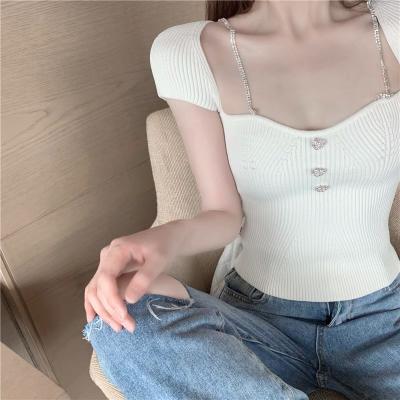 China Women's Breathable 3 Color Rhinestone Button Sweater Warm Crop Tops Short Sheath Elastic Summer Knitted Sexy T-shirts Party Street Wear for sale