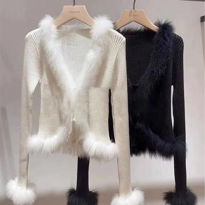 China Autumn Sexy Long Sleeve Breathable Spring V Neck Feather Knit Cardigan Sweater Women Knitted Top for sale