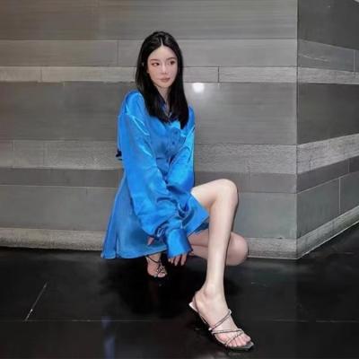 China Breathable Satin Spring Summer Sleeve Thin Waist Long Mini Elegant Shirt Dresses for sale