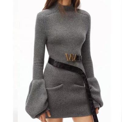 China Autumn Winter Anti Wrinkle Stripe Anti-Static Unique Soft Lantern Sleeve Slim Knitted Dresses Women for sale