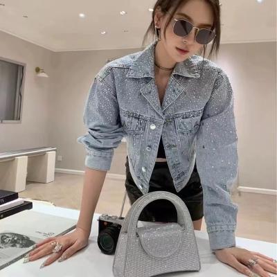 China Breathable High Street Women's Denim Sequins Jacket Coat Rhinestone Women Short Jeans Outerwear for sale