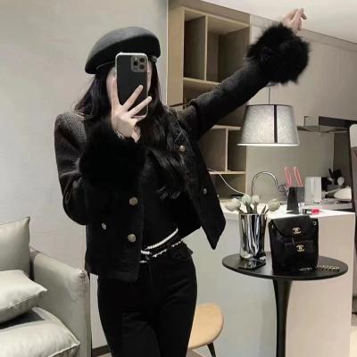 China new fashionable women's autumn winter Anti-wrinkle slimming sleeve O-neck pocket all-match tweed jackets single breasted furry women coats for sale