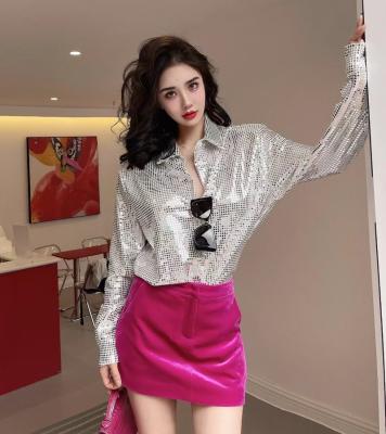 China QUICK DRY Spring Autumn Nightclub Clothes Women Fashion Sequins Blouse Skirt Set Sexy Shirt Hip Skirt And Wrap Two Piece Long Sleeve Set for sale