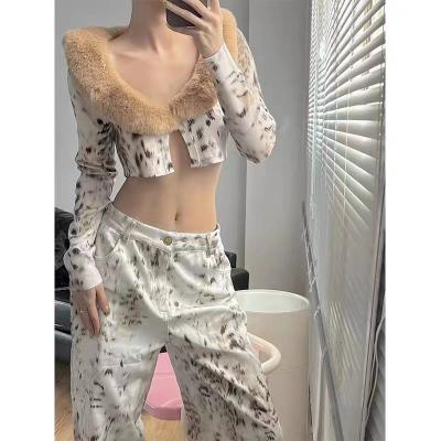 China Breathable Leopard Print Two Piece Set Women Sexy Long Zipper Two Piece Pants Sets Street Casual Wear Hot Suits for sale