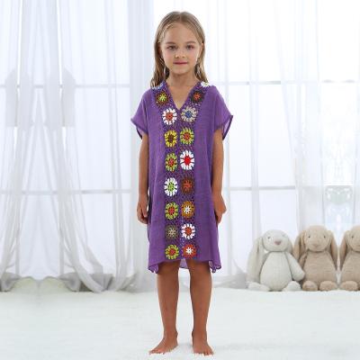 China Girls Beach Wear Breathable Purple Cover Up Short Sleeved Skirt Seaside Wear Kids Flower Girls Beach Wear Summer Beach Dress Mosaic Hand Made for sale