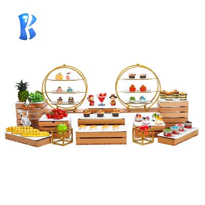 China Desgin OKEY Equipment Restaurant Wooden Square Riser Modern Wooden Buffet Display Stand for sale