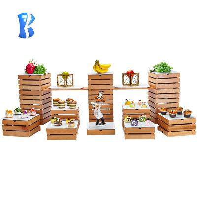 China Desgin OKEY Japanese style wooden food cake display rack modern wooden cupcake dessert buffet equipment tray for sale