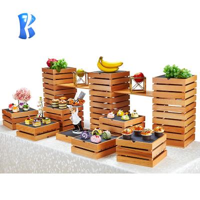 China Modern Five Star Wooden Altitude Luxury Altitude Square Tableware Hotel Desgin OKEY Dessert Cake Display Stand Wooden Buffet Stand for sale