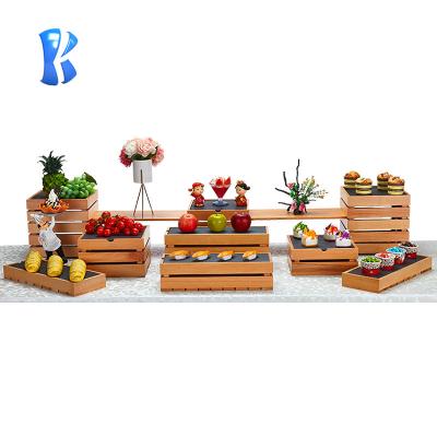 China Modern Desgin OKEY Hotel Wedding Banquet Catering To Arrange Wooden Cake Table Fruit Buffet Display Stand for sale