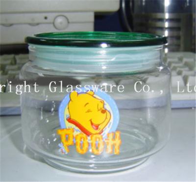 China clear glass food jar with decal printing for sale