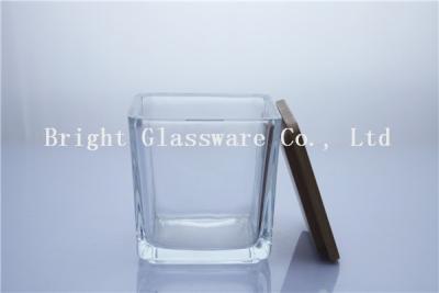 China best sale square glass candle holder with wood lid for sale