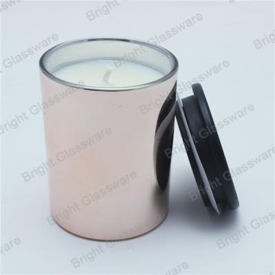 China Rose gold glass candle holder, candle container with wooden lid for wedding decoration for sale