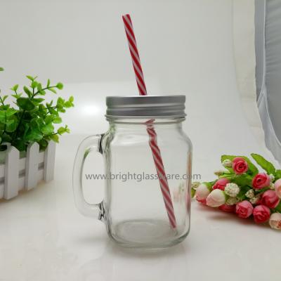 China 16oz Glass Mason Jar With Handle and Metal Lid in Straws for sale