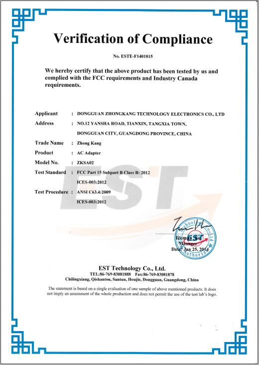 Verification of Compliance - DONGGUAN ZHONGKANG ELECTRONICS CO.,LTD.