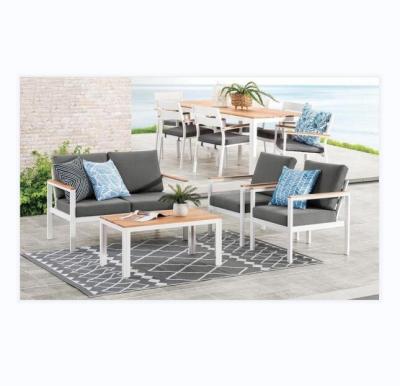 China Modern Patio Sofa Set of 4pc Sofa Set Aluminum Wood Two Seat Sofa Single Chairs Tea Table for sale