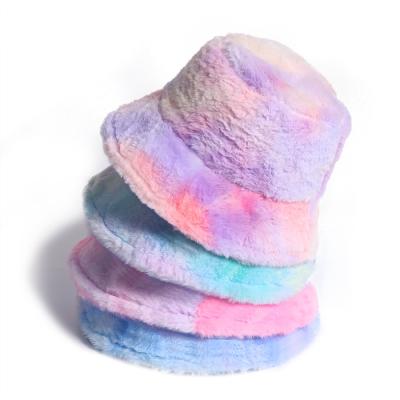 China Sports Wholesale Women's Link Dye Rainbow Faux Fur Bucket Hat Winter Warmer Fluffy Fisherman Cap for sale