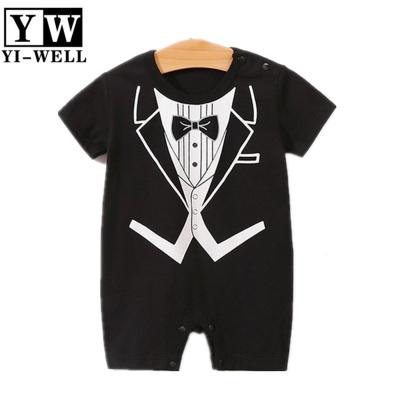 China Wholesale Cotton 100% Baby Boy Short Sleeve Summer Use Little Gentleman Romper With Tuxedo Bow Tie for sale