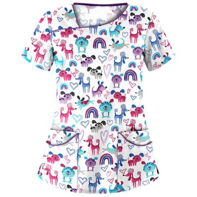 China Hospital Factory price wholesale new design cartoon animal print comfort clinical uniforms scrub tops surgical shirt for sale