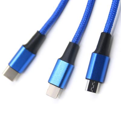 China Mobile phone manufacturing custom logo usb 3in1 nylon braided charging cable for iPhone for type c for mic for sale