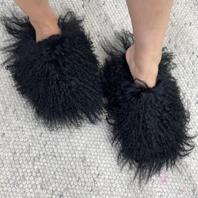 China New Fashion Trend Designer Top Selling Long Hair Sheep Popular Wool Fur Fluffy Slippers Fashion Mongolian Sheepskin Fur Slippers for sale