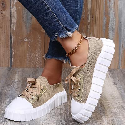 China Wholesale 2022 fashion trend new large size soft bottom thick soled fly knit lace up women walking sports shoes casual women shoes for sale