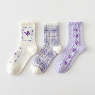 China Caramella Sweat-absorbent 2021 high quality 3pairs CIA socks fashion woman butterfly cotton purple cute socks custom made crew socks for sale