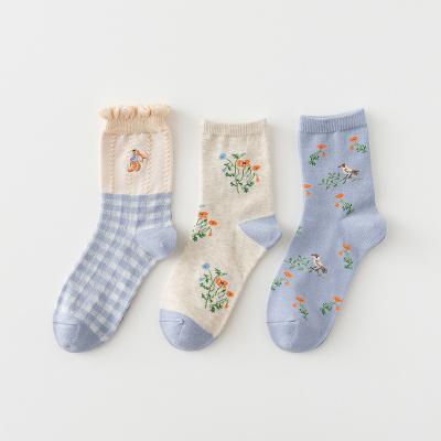 China Fashion Sweat-absorbent Caramella 2021 New Cotton Blue Embroidered Cotton Crew Socks 3pairs Ins Socks for sale