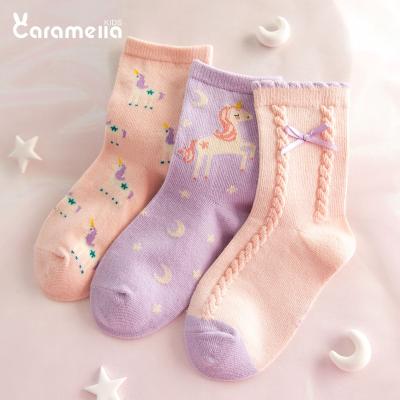 China Cute Animal Bow Pattern Caramella 3pairs Girls Children Kids Cotton Socks Unicorn Sweat-absorbent for sale