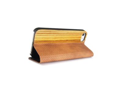 China Handcrafted Zebra Wood Leather Flip Phone Case With Typical Striped Pattern for sale