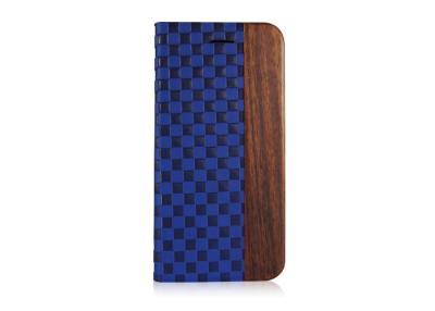 China Luxury Blue Plaid Leather Flip Phone Case For Iphone 6, Leather Smart Phone Case With Sustainable Dark Wood Exterior for sale