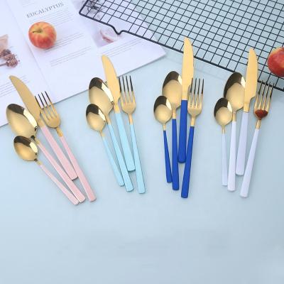 China Wedding Fancy Colored Fancy Colorful Hotel Cutlery Gold Stainless Steel Handle Square Fork Spoon Knife Home Knife Set Silverware Flatware Cubicles for sale