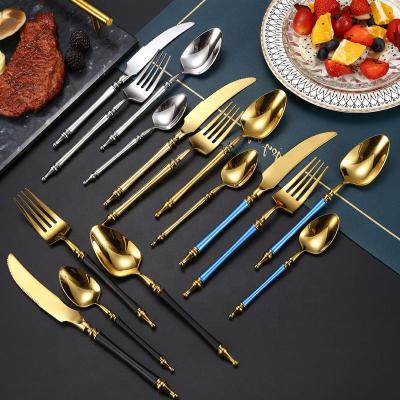 China Sustainable Luxury Baroque Royal Custom Coating Color Handle Stainless Steel Flatware Set 304 Black Gold, Blue Gold, Red Gold Cutlery for sale