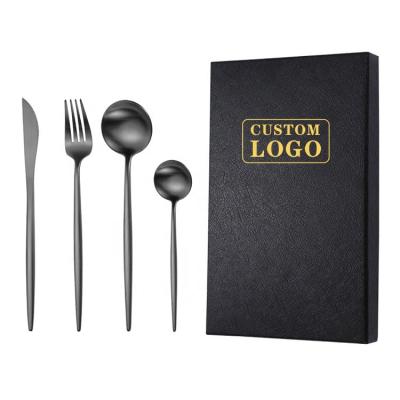 China Color Viable Luxury Handle 304 PVD Stainless Steel Wedding Restaurant Wedding Restaurant Black 4pcs Spoon Fork Gift Box Matte Flatware Sets for sale