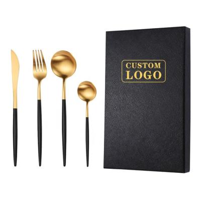 China Color Viable Luxury Handle 304 PVD Stainless Steel Wedding Restaurant Black Gold 4pcs Spoon Fork Gift Box Matte Flatware Sets for sale