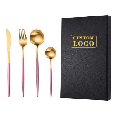 China Luxury Viable Stainless Steel 304 Stainless Steel PVD Plating Handle Wedding Restaurant Rose Gold 4pcs Spoon Fork Gift Box Flatware Sets for sale