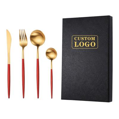 China Wedding Viable Luxury Restaurant Handle Restaurant Color Plating Cutlery 304 PVD Gold 4pcs Stainless Steel Gold 4pcs Spoon Fork Gift Box Red Flatware Sets for sale