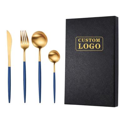 China Blue Wedding Viable Luxury Restaurant Handle Restaurant Flatware 304 PVD Color Plating Gold 4pcs Spoon Fork Gift Box Flatware Sets for sale