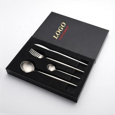 China Viable Custom Logo Cutlery Gift Set Stainless Steel Silverware Spoon Fork Wedding Hotel 18/10 Spoons Silver Matte 4pcs Flatware Spoon Sets for sale