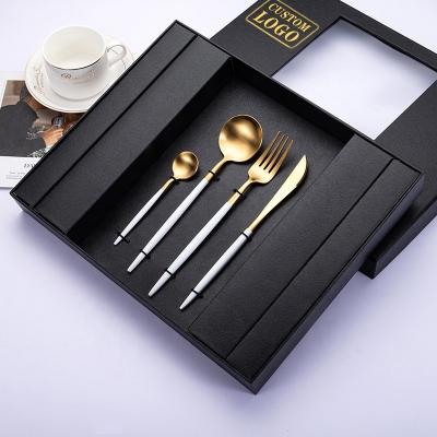 China Viable Luxury White Gold Cutlery Set 18/10 Stainless Steel Silverware Window Gift Box 24pcs Spoon And Fork Set Stainless Flatware Sets for sale