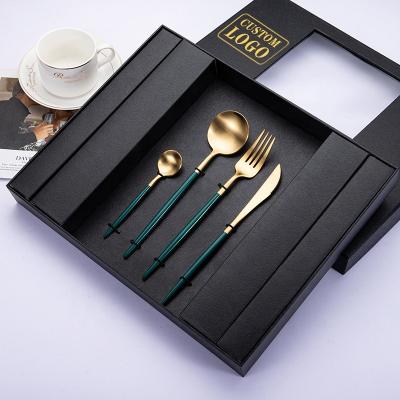 China Viable hot seller gold cutlery set dark green in window box gold silverware stainless steel flatware wedding cutlery set 24pcs for sale