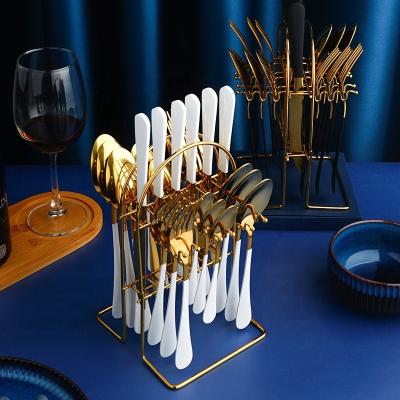 China Viable Luxury White Gold 24pcs Stainless Steel Cutlery Set With Holder 24 Pieces Gift Box Restaurant Spoon Forks Metal Flatware Spoon Set for sale